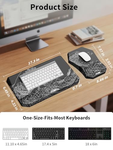 3-in-1 Ergonomic Keyboard Stand with Wrist Rest & Mouse Pad Set, Comfy Keyboard Riser Holder Soft Mousepad with Massage Design, Memory Foam and Non-Slip PU Base for Pain Relief, Black Wave of Kanagawa - color: Black Wave