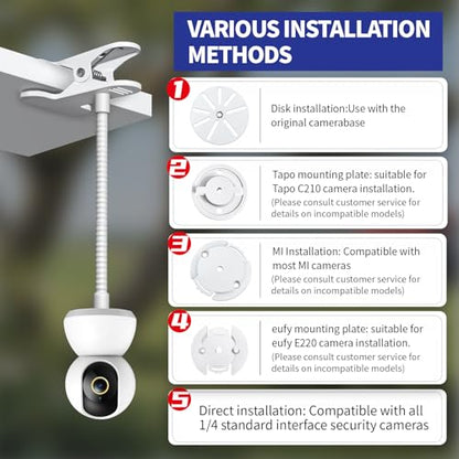 Flexible Clip Mount for Ring Security Camera | Indoor Outdoor Camera and Other Cameras with 1/4 Threaded Hole No Tools or Wall Damage, White