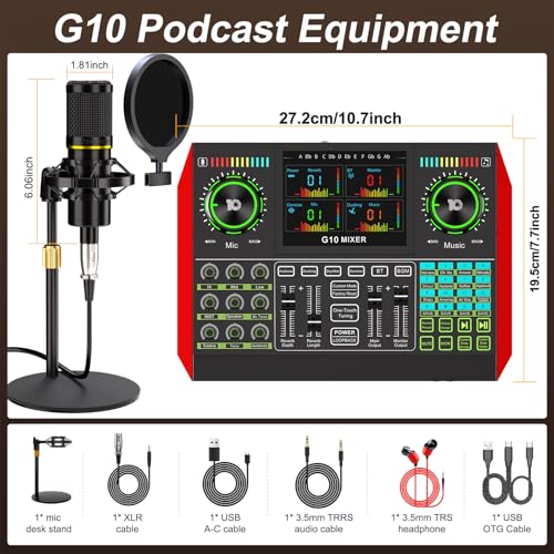Podcast Microphone Bundle with Live Sound Card Audio Mixer, Podcast Equipment Bundle with 3.5mm Condenser Microphone for Pc/Phone Live Streaming Singing Gaming, Sound Board with Voice Changer, Denoise