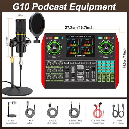Podcast Microphone Bundle with Live Sound Card Audio Mixer, Podcast Equipment Bundle with 3.5mm Condenser Microphone for Pc/Phone Live Streaming Singing Gaming, Sound Board with Voice Changer, Denoise