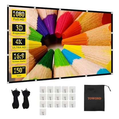 Projector Screen TOWOND 150 inch Projection Screen Indoor Outdoor Washable Anti-Crease 16:9 HD Rear Front Movies Screen for Home Theater Office