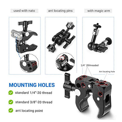 SMALLRIG Super Clamp with 1/4"-20 Thread Holes, 3/8"-16 Locating Pin for ARRI Standard, T-Shaped Wingnut and Rubber Pads