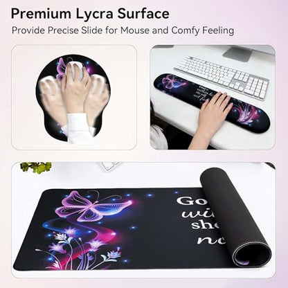 Desk Mat Set + Keyboard and Mouse Pad with Wrist Rest Support,4-in-1 Large Mousepad Computer Mats for Desktop Home & Office-Purple Butterflies - color: D1-Purple Butterflies