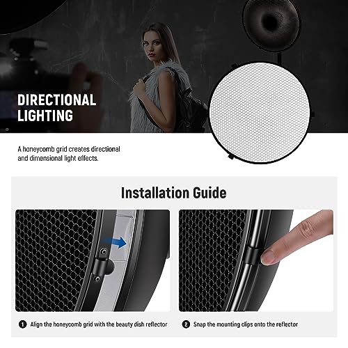 NEEWER 12"/30cm Metal Beauty Dish Bowens Mount Reflector Kit with White Diffuser Sock, Honeycomb Grid for Strobe Flash Video Light Compatible with Godox AD600 NEEWER CB60 Q4 Vision 4 S101 Series, LD30