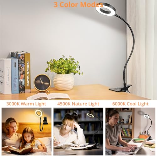 Woputne Desk Lamp Clip Light, 10 Dimmable Brightness 3 Light Modes Reading Light, Clamp Bedside Lamp for Painting, Craft, Study (Black) - size: Black-1 Piece-Standard-Classic