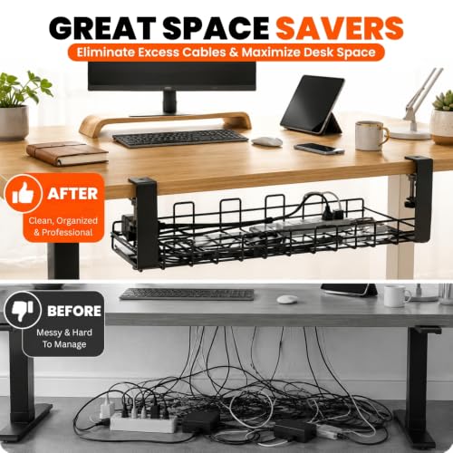 2 Pack Under Desk Cable Management Tray, No Drill Metal Cord Organizer with Clamp Mount, Wire Management Rack for Home Office PC Setup, Black