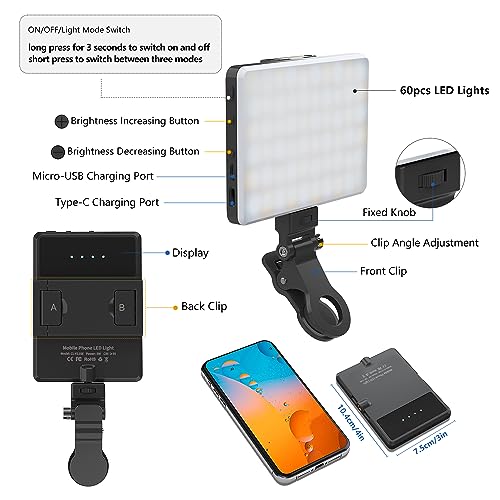 Selfie Light, Phone Light with Front & Back Clip, 60 LED Portable Light with 3 Modes, 5000mAh Rechargeable Video Light for Phone, iPhone, TikTok, Vlog Photographic Lighting Monolights(2 Pack) - color: 2Pack Black