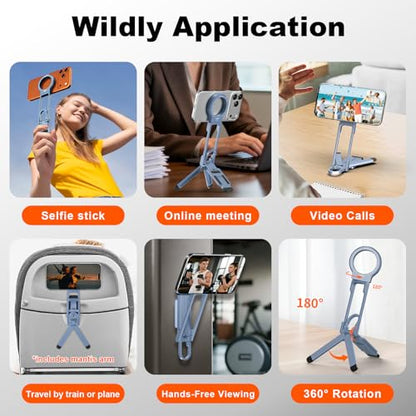 COMAN DP58 Magnetic Phone Tripod, Aluminum MagSafe Tripod Stand with Carabiner, Mini Portable Travel Pocket Stand for iPhone & Non-Magnetic Phones with Included Ring - color: Blue