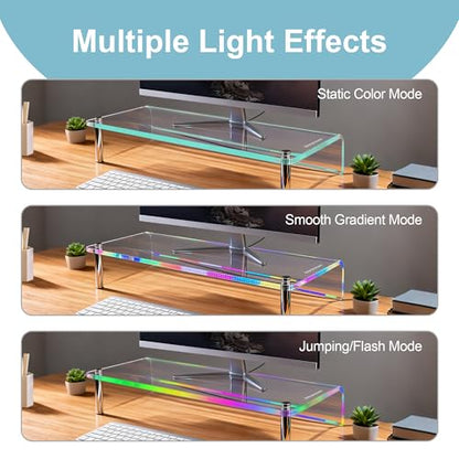 0.39" Extra Thick Acrylic Monitor Stand Riser, Clear | 23.6” x 9.1" x 3.5" Acrylic Desk Shelf with RGB Lighting & Dual Control-App & Button Control,for Office Desktop Organizer