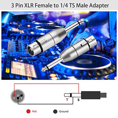 Tisino XLR Female to 1/4" TS Mono Adapter, Unbalanced Female XLR to Quarter Inch 6.35mm Male Adapters - 2 Pack - color: XLRF to 1/4" TS