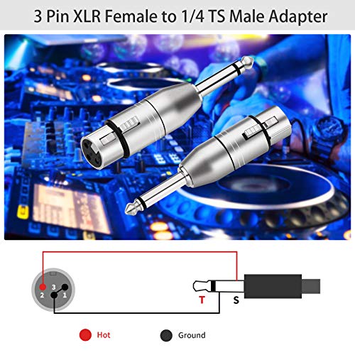 Tisino XLR Female to 1/4" TS Mono Adapter, Unbalanced Female XLR to Quarter Inch 6.35mm Male Adapters - 2 Pack - color: XLRF to 1/4" TS