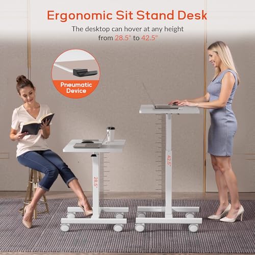 CROWNFURN Mobile Small Standing Rolling Desk Adjustable Height, Portable Laptop Desk on Wheels, Workstation for Home Office with Hook,White - color: White