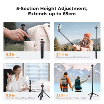 K&F CONCEPT MS62 25.6'' Mini Selfie Stick Tripod Stand | 5 Levels 360° Ball Head, Cold Shoe, Compatible with DJI Osmo Pocket 4/3 Action5 GoPro Hero13 Insta360 Luna Ultra