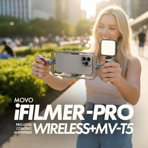 Movo iFilmer-PRO Smartphone Video Rig Kit – Stabilizer Cage with Dual Grips, Wireless Lavalier Microphones & Full Sized Tripod for iPhone/Android