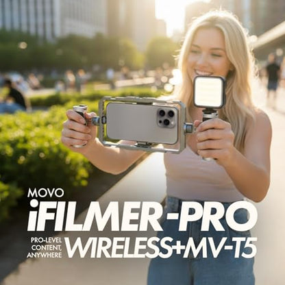 Movo iFilmer-PRO Smartphone Video Rig Kit – Stabilizer Cage with Dual Grips, Wireless Lavalier Microphones & Full Sized Tripod for iPhone/Android