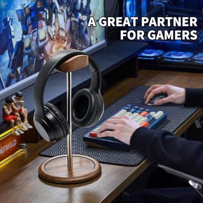 Headset Stand for Desk, Walnut Wood ＆ Stainless Steel Universal Wooden Headphone Holder with Storage Base, Gaming Equipment Accessories, Desk Organizer, Gifts for Gamers Men Boyfriend
