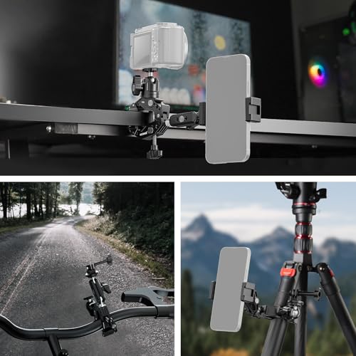 NEEWER Super Clamp with 3" Dual Ballhead Magic Arm, Ball Head Adapter, Cold Shoe, Phone Holder, Action Camera Clamp Mount for Flat/Round Surface Compatible with GoPro DJI iPhone 15 Pro Max, ST85