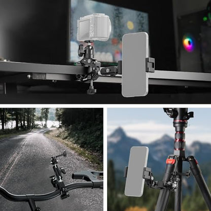 NEEWER Super Clamp with 3" Dual Ballhead Magic Arm, Ball Head Adapter, Cold Shoe, Phone Holder, Action Camera Clamp Mount for Flat/Round Surface Compatible with GoPro DJI iPhone 15 Pro Max, ST85