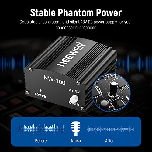 Neewer 1-Channel 48V Phantom Power Supply with Adapter, BONUS+XLR 3 Pin Microphone Cable for Any Condenser Microphone Music Recording Equipment (8 feet) - style: NW-100