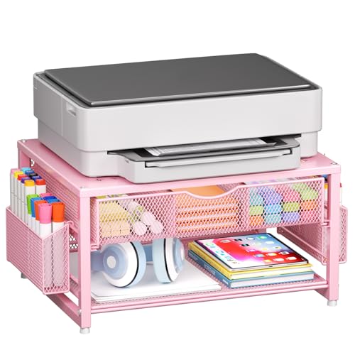 Marbrasse Metal Printer Stand for Desk with Storage Drawer and 2 Pen Holders, 2-Tier Desktop Organizer Printer Table for Home Office, Multi-Purpose Desk Organizer for Fax Machine Scanner Files(Pink) - color: Pink