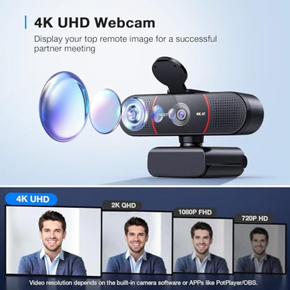 EMEET C960 4K Webcam with Tripod, 4K UHD Sony Sensor, 3 Adjustable Height Mini Tripod w/Privacy Cover, PDAF Auto Focus, Dual Noise-Cancelling Mics, Auto Light Correction, Perfect for Online Meetings - style: 4K Tripod