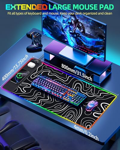 Wireless Charging Mouse Pad, RGB Gaming Mousepad, 31.5"x15.7" Extra Large Desk Pad, 13 Light Modes, Non-Slip Base, Waterproof Computer Keyboard Mat for MacBook, PC, Laptop, Black Topographic Line - color: Black Topographic