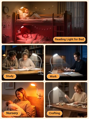 Clip on Lamp,10 RGB Colors+10 Brightness Clamp Light, 500 Lumen Bright Desk Lamp with Clamp, 72 LED Desk Light with USB Adapter, Clip on Reading Light for Bed/Headboard/Bedside Table/Bedroom/Dorm - color: White