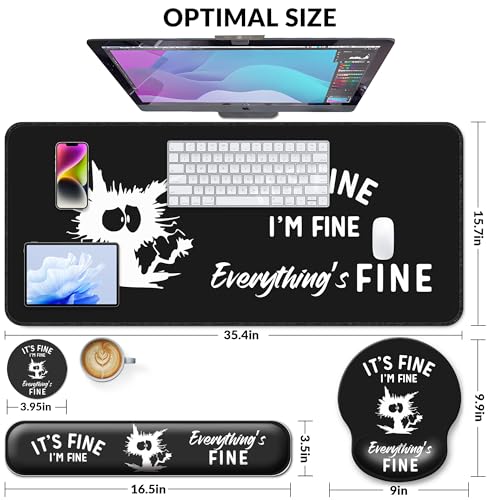 Desk Mat Set + Keyboard and Mouse Pad with Wrist Rest Support,4-in-1 Large Mousepad Computer Mats for Desktop Home & Office-It's fine I'm fine Everything is fine - color: E3-Funny Cute Cat