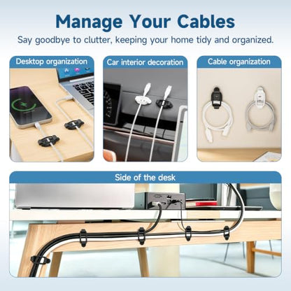 Adjustable Cable Management Clips, Self Adhesive Cord Organizer with Elastic Loop, Reusable Cable Holder for Desk, Under Desk, Wall, TV, Office, Home, Charging Cables, USB, HDMI, PC Wires (10)