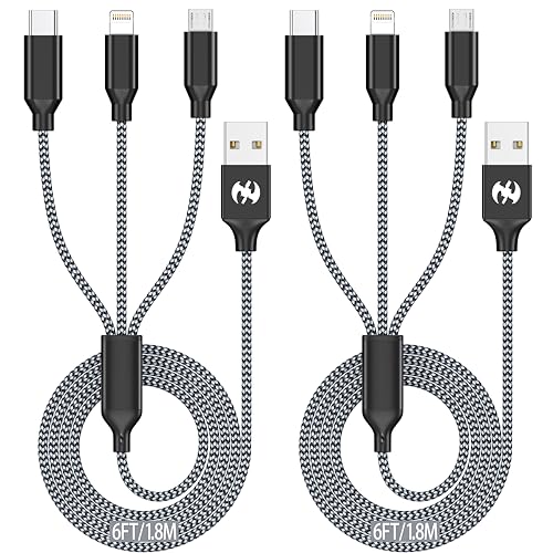 Xnewcable Multi Charging Cable 6ft 2Pack 3 in 1 Charger Cord, Multiple Rapid Nylon Braided Cable USB Charging Cable Multi Phone Charger Cord with Type C Micro Lightning USB Connectors for Cell Phones - color: Black/Grey-6ft