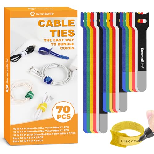SummerBrite 70 Pack Assorted Cable Ties (4, 6, 8 Inch) Multi-Color with Writable Labels, Reusable Cord Organizer Straps, Hook & Loop Wire Management for Electronics, Home Office, PC Desk & Travel - color: Multicolored, size: 4IN+6IN+8IN