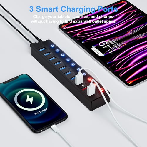 ONFINIO Powered USB Hub, 10-Port USB Splitter Hub (7 Faster Data Transfer Ports+ 3 Smart Charging Port) with Individual LED On/Off Switches and 12V/3A Power Adapter USB Extension for Mac, PC and More - style: 10 PORT QC 3.0
