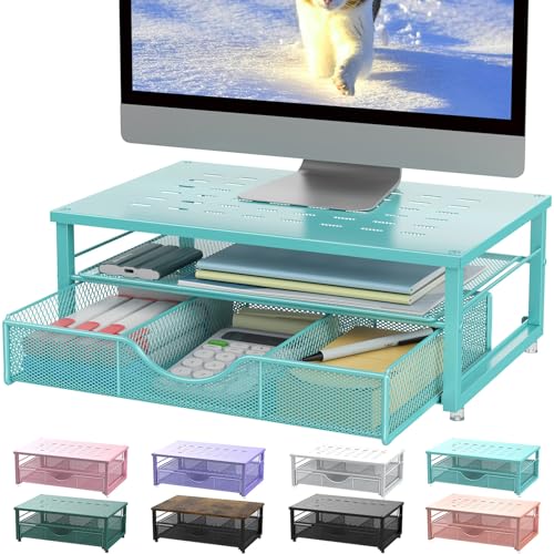 gianotter Computer Monitor Stand Riser, office organizer with Drawer, Office Organizers Storage for Classroom Office Supplies (Blue) - color: Blue