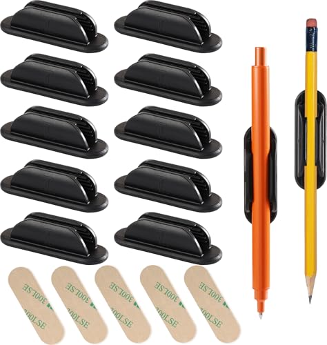 Tiizze 10 Pack Adhesive Pencil Holder for Desk, Silicone Pen Holder for Wall, Clipboard & Laptop with 15 Upgraded Sticky Pads, Rugged Grip Pencil Holders for Classroom Teacher Essentials (Black) - color: Black