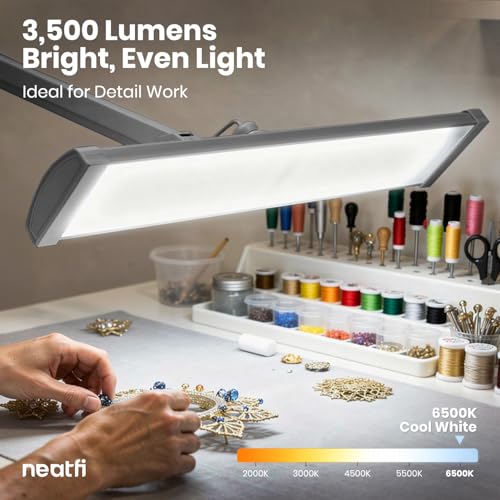 Neatfi Ultra 3,500 Lumens LED Desk Lamp with Clamp – 45W, 270 SMD LEDs, Shadow-Free | Adjustable Brightness | Task Light for Nail, Craft & Office (Silver, 26-Inch Wide Shade) - color: Silver