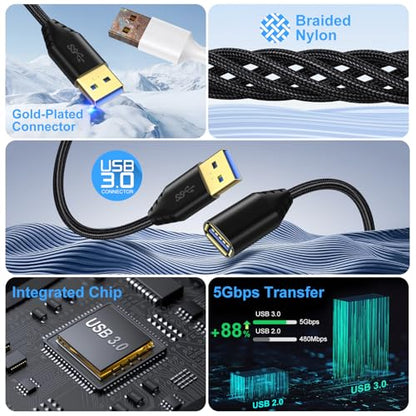 USB 3.0 Extension Cable, 4Pack [6ft] USB A Male to Female Braided Extender Cord 5Gbps Fast Data Transfer for Hard Drive, Keyboard, Mouse, Webcam, USB Flash Drive, Printer - Black