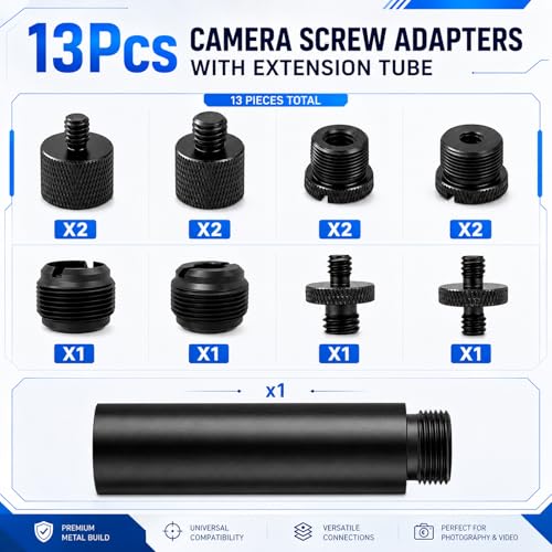 13 PCS 3/8 to 5/8 and 1/4 Mic Stand Adapter Set, Black | Microphone Stand Screws with Extension Tube Aluminum Alloy Mic Thread Mount for Boom Arm Camera Tripod Projector Fill Light