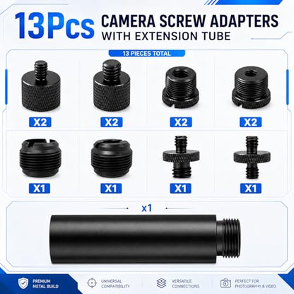 13 PCS 3/8 to 5/8 and 1/4 Mic Stand Adapter Set, Black | Microphone Stand Screws with Extension Tube Aluminum Alloy Mic Thread Mount for Boom Arm Camera Tripod Projector Fill Light