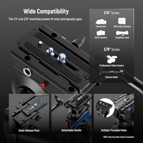 NEEWER Basic 74" Video Tripod with Fluid Head , Metal Camera Tripod with Smooth Friction Damping, Mid Level Spreader, Quick Release Plate Compatible with Manfrotto 501, Max Load 17.6lb, TP37 - style: TP37