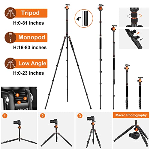 JOILCAN Tripod for Camera, 81" Aluminum Camera Tripod Stand, 83" DSLR Tripods & Monopods, Heavy Duty Travel Tripod for Binoculars Spotting Scope Telescope, Max Load 35lb - color: Orange