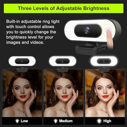 Webcam with Ring Light Microphone - Streaming Web Camera, 1080P Full HD Pro Camera for PC Mac Laptop Desktop, USB Computer Webcam with Privacy Cover and Tripod for Zoom Meeting Skype Teams Twitch - style: Webcam with Light & Cover & Tripod