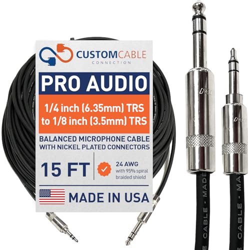Custom Cable Connection 15 Foot Pro Audio 1/4 inch (6.35mm) TRS to 1/8 inch (3.5mm) TRS Balanced Cable - size: 15 Foot