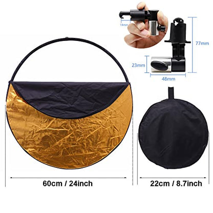 24in 5 in 1 Photography Reflector with Clip and Carrying Bag,Collapsible Photo Reflector,Round Light Reflectors for Photography,Gold Silver White Black Translucent Diffuser for Studio Outdoor Shooting - size: open size: 60cm/24inch