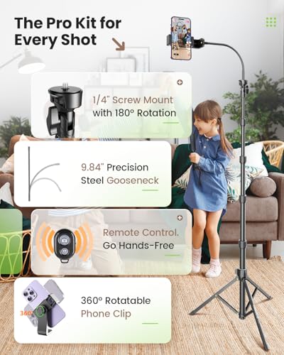 CAMBOFOTO 82" Phone Tripod Stand with Gooseneck, Remote and Phone Holder, Selfie Stick & Overhead Tripod for Recording/Cooking/Fitness/Vlog, Compatible with iPhone Android Samsung, Camera