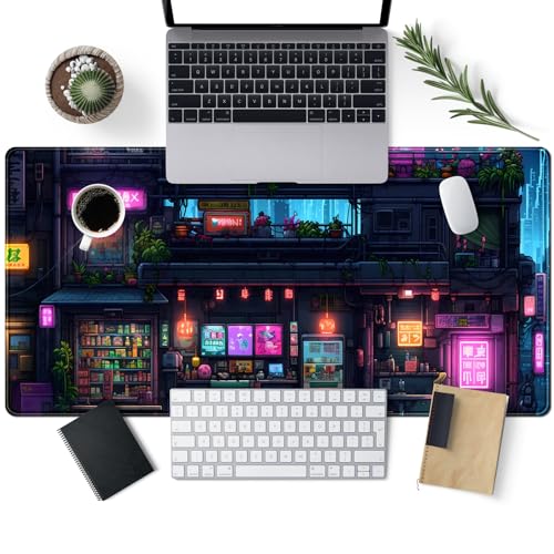 Cyberpunk Desk Mat 31.5''X15.7'' Neon Lights Desk Pad Large Gaming Mouse Pad Modern City Ramen Shop Extended Mousepad XXL Japanese Keyboard Mouse Mat for Computer Laptop Gamers - color: Cyberpunk Purple Blue Black