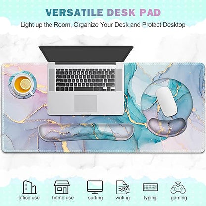 ToLuLu Desk Mat, XXL Large Mouse Pad Wrist Support Set，4 in1 Gaming Mousepad Desk Pad+ Ergonomic Mouse Pad with Wrist Rest + Keyboard Wrist Rest+Coaster for Home Office Computer, Blue Glitter Marble - color: Blue Glitter Marble