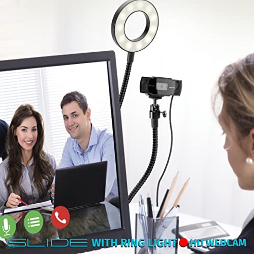 Slide 720P HD Webcam with Portable Ring Light and Clamp-on Stand, Streaming Camera with Mic, 30 FPS, 30 Light Modes, 2 Flexible Arms, Secure Clamp, Includes Sliding Lens Cover and USB Cable - size: 720P