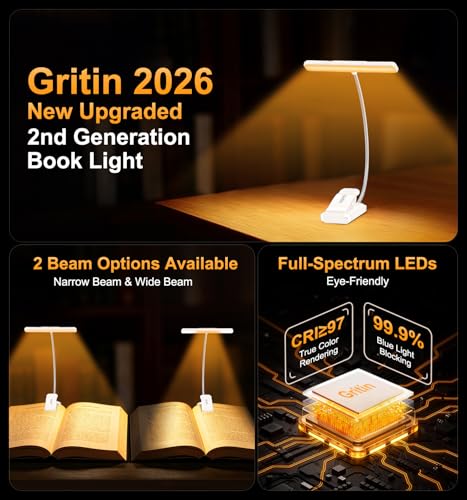 Gritin 2026 Gen 2 Book Light for Reading- 32 Eye Caring Full Spectrum LED | 5 Colors & 5 Brightness, Adjustable Wide/Narrow Beam, Upgrade 1500mAh Long-Lasting Rechargeable Clip on Light-White - color: White