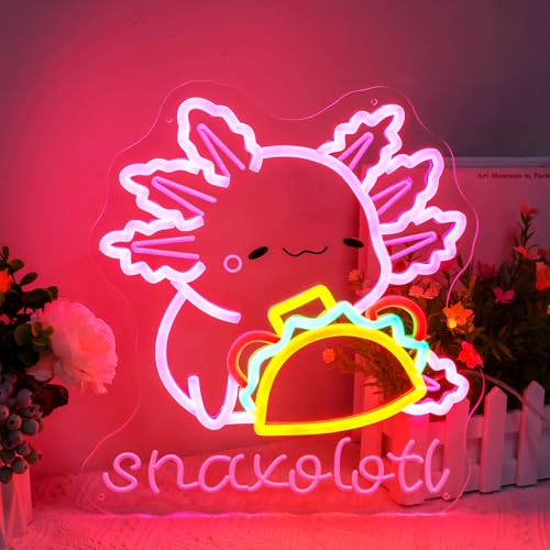 Snaxolotl Neon Sign, Dimmable Taco Axolotl LED Neon Light for Mexican Food pizzeria Restaurant Taco Bar Party Decor, for Girl’s Bedroom, Gift for Kids, Teens, and Axolotl Lovers - color: Axolotl Taco(13")