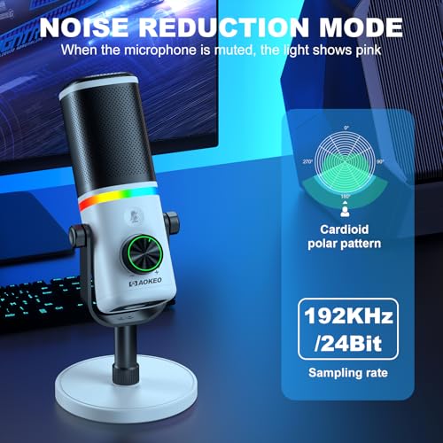 Aokeo Microphone for PC, AK-10 USB/XLR Dynamic Desktop Microphone for Gaming,Podcast,Streaming with RGB Light,Volume Control,Mute Button,Noise Reduction(White) - color: White